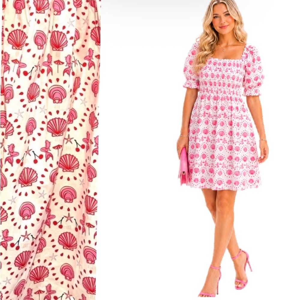 Hill House Pink Shell-Print Smocked Midi Dress, Size S